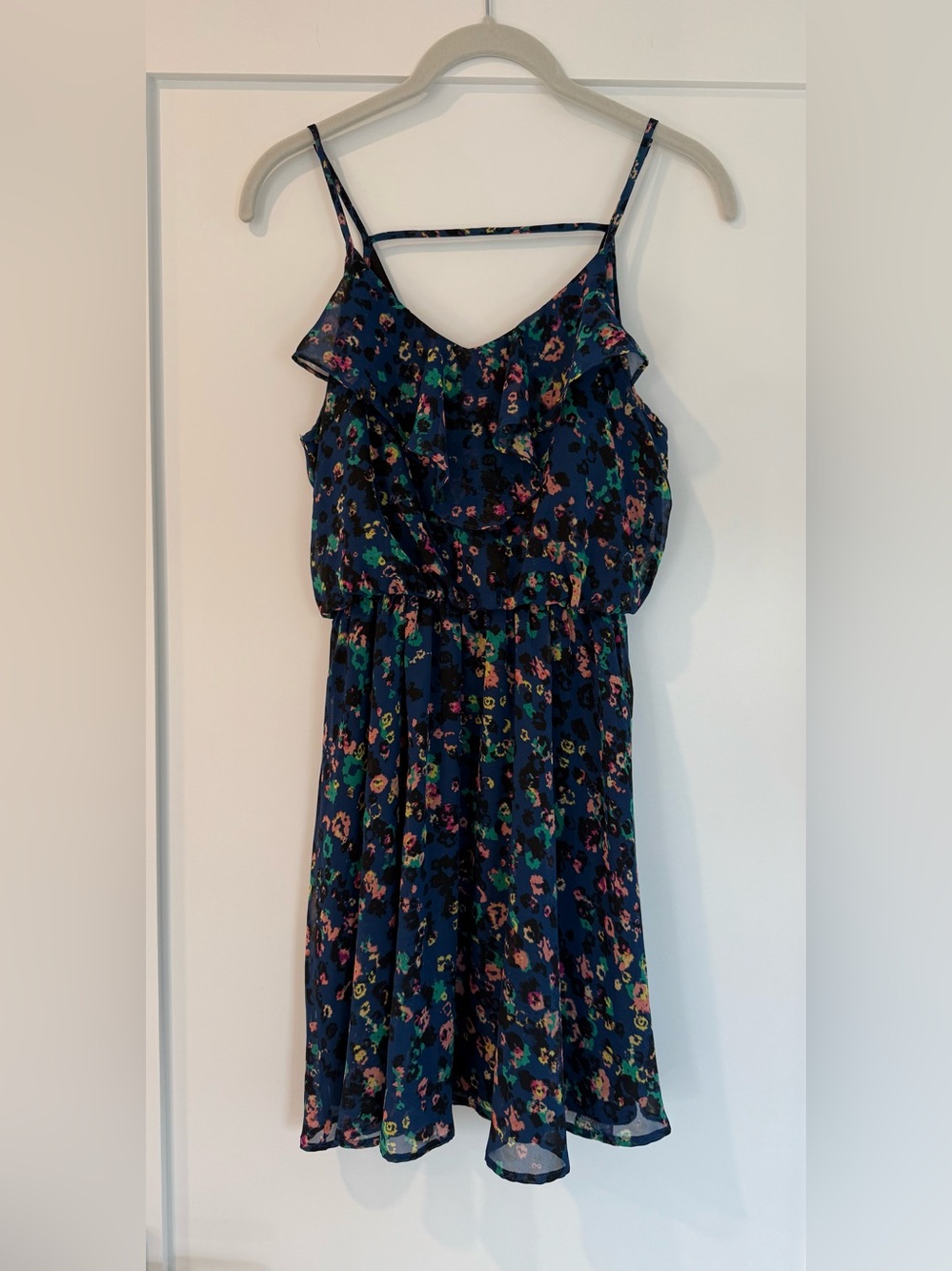 NWT! Lush Navy Floral Spaghetti-Strap Ruffle Dress (XS)